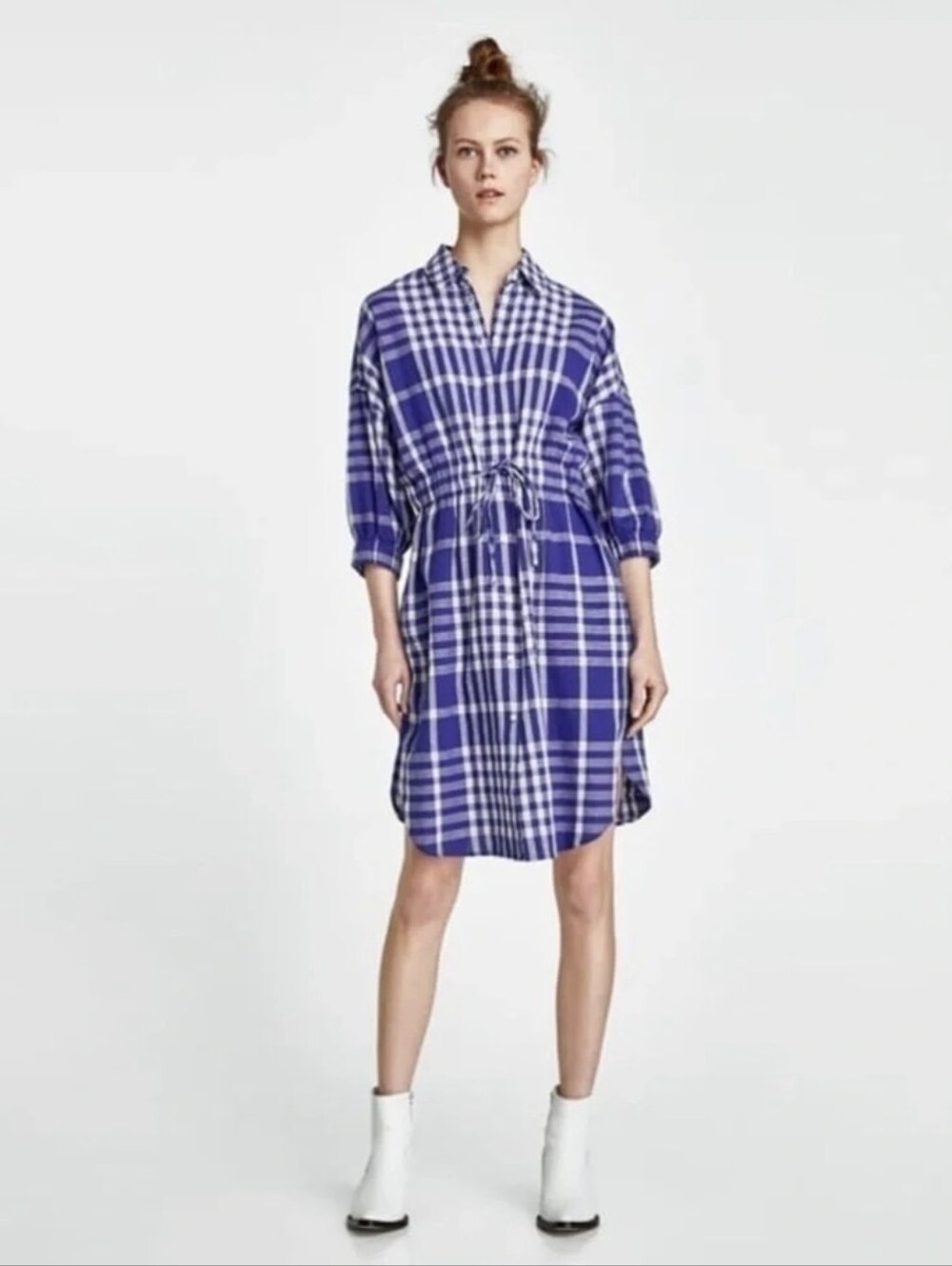Plaid Drawstring Shirt Dress in Blue